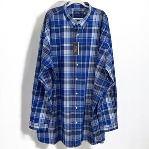PLUS Ralph Lauren NWT Men’s Big & Tall Blue White‎ Plaid Cotton Button Down 4XLT